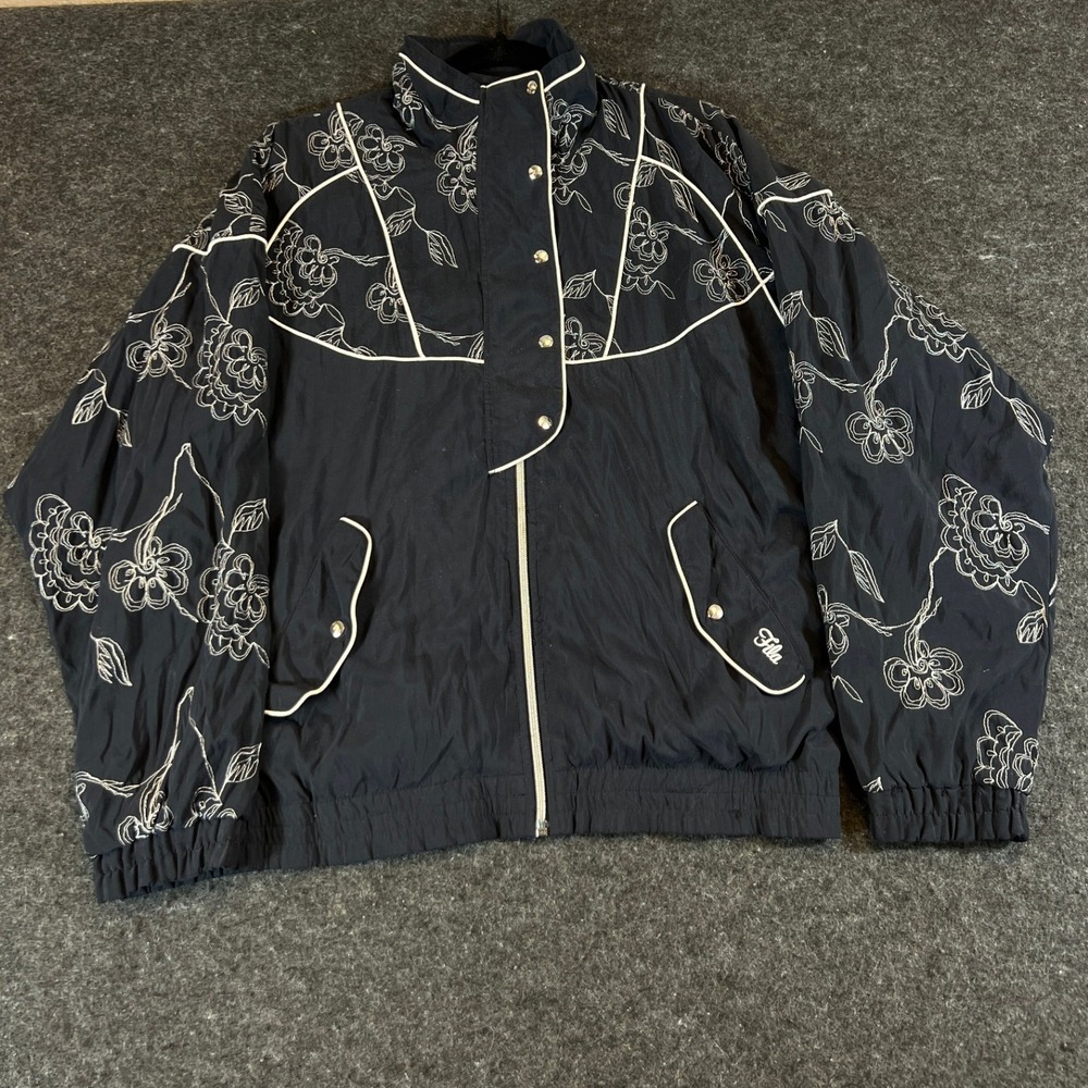 Vintage 90s Fila Floral Embroidered Windbreaker Jacket Black White USA 10